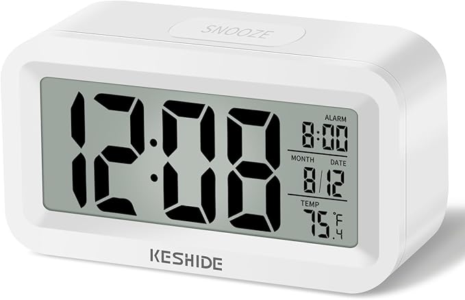 KESHIDE Travel Digital Alarm Clock, Battery Operated with Indoor Temperature, Desk Small Clock,Snooze Model,12/24H Display for Bedrooms Heavy Sleepers Kids Travel Bathroom