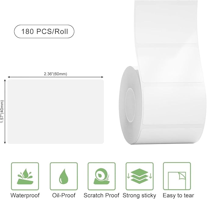 Risio Thermal Labels 2.36"x1.57"(60x40mm),180 Labels/Roll(10 Rolls),Waterproof, Oil-Resistant, Scratch-Resistant Thermal Label Paper,for Barcode/Address/Mailing/Logo/Business/Home