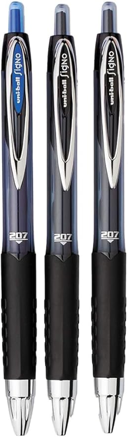 Advantage Gifts Signo 207 Roller Ball Retractable Gel Pens, Medium Point (0.7mm), Black And Blue Ink, 3 Count, Bundle with Plastic Reusable Pouch
