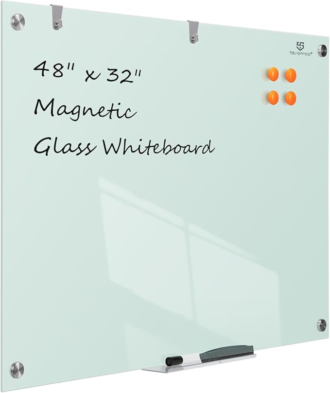 TSJ OFFICE Glass Dry-Erase Board - 48 x 32 Inches Wall Mounted Glass Magnetic Whiteboard, Large Frameless White Board for Office, Home & School