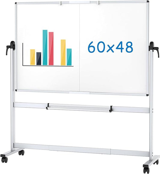 VIZ-PRO Double-Sided Mobile Whiteboard, 60 x 48 Inches, Magnetic Rolling Dry Erase White Board on Wheels with Aluminium Frame and Stand 5' x 4'