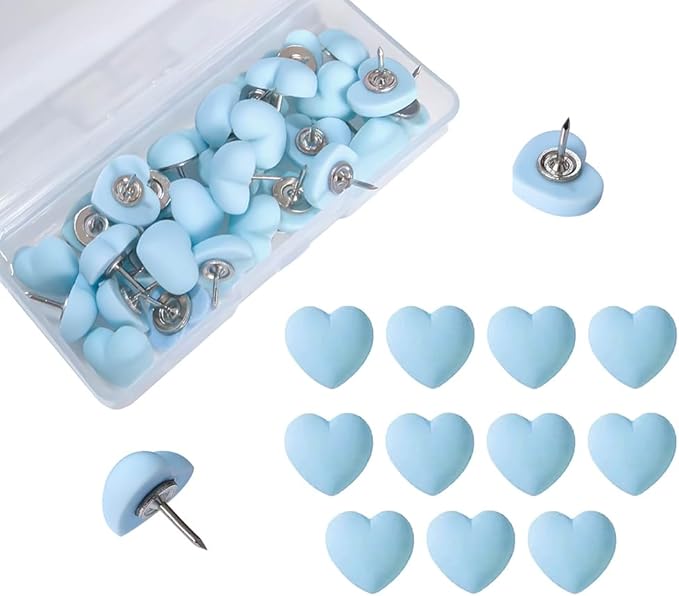 Aoxsie 28pcs Decorative Cute Push Pins Heart Blue Thumbtacks Thumb Tacks Pushpins for Bulletin Cork Boards Office Products