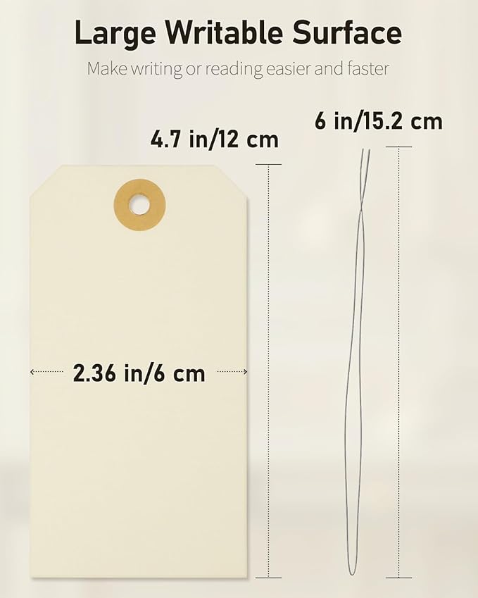 Uniclife 200 Pcs Manila Tags Blank Shipping Tags with Wire Attached 4.7 Inch Paper Hang Tag with Reinforced Eyelet Large Marking Writable Price Inventory Label Tag, 4.7" x 2 3/8"