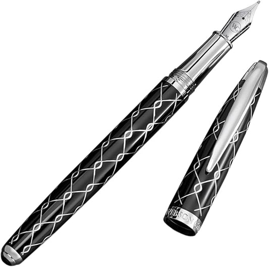 Webson Gill ‘The Weaver’ Black Luxury Executive Fountain Pen, Polished Lacquer & Chrome, Medium Nib, Smudge Free No Bleed, Use Any Fountain Ink w/Included Converter, Fits Cartridges (sold separately)