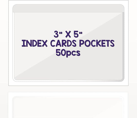 Clear Adhesive 3" x 5" Index Card Pockets With Top Open Loading, 50 Pack, Plastic Labels Holders for Storage Bins and Library, Ideal for Organizing and Protecting Your Cards