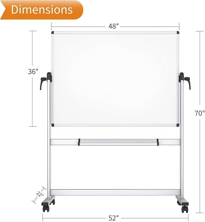 VIZ-PRO Double-Sided Magnetic Mobile Whiteboard, 48 x 36 Inches, Aluminium Frame and Stand