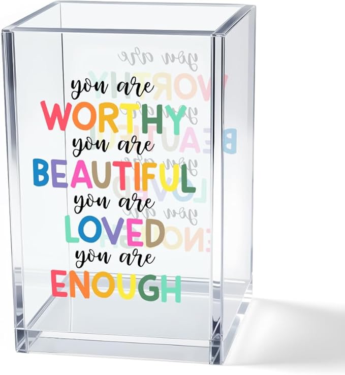 Vgrti You are Worthy Beautiful Acrylic Makeup Brush Organizer Holder, Boho Motivational Vanity Desk Organizer Accessories for Bedroom Office Decor, Inspirational Gifts for Women Girls Daughter Sister