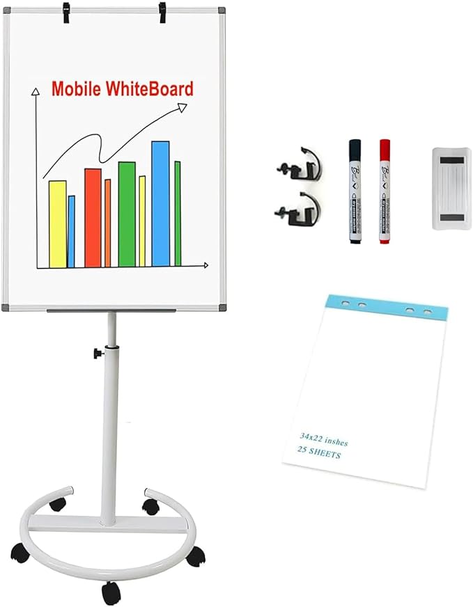 Mobile Dry Erase Board 36x24 Inches – Adjustable Rolling Whiteboard on Wheels, Stand Easel with Markers & Eraser, Includes 25-Sheet Paper Pad for Office, Classroom