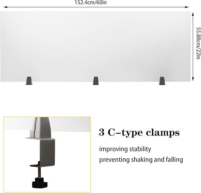 Acrylic Free Standing Screen, 60”W x 22”H Desk Divider Sound Absorbing Cubicle Desk Divider, Desk Privacy Panel and Privacy Shields for Student Desks, 3C-type clamps, on Desk Partition, Frosted