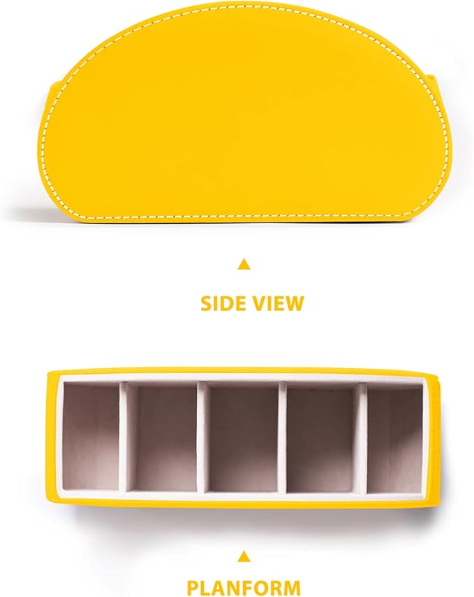 Remote Control Holders Organizer Box with 5 Compartment PU Leather Multi-functional Office Desk Storage Caddy Store Tv Remote for Media Player,Brush,Pencil,Glassees&Office Supplies (Yellow)