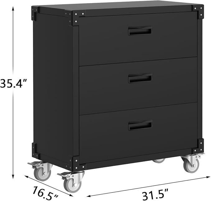 ExploreHorizon Metal Storage Cabinet with 3 Drawers on Wheels, Heavy Duty Mobile Rolling Tool Cart & Tool Chest, Lockable Utility Cabinet for Garage, Workshop, Home, Office, Warehouse, Black