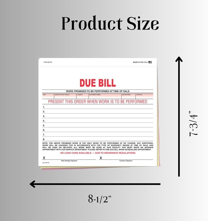Vehicle Due Bill Form - 3-Part Carbonless Snap-Out 8.5 x 7.75 Car Dealership Service Agreement Forms, Auto Repair Vehicle Documentation Forms NCR - White, Canary, Pink - Pack of 300