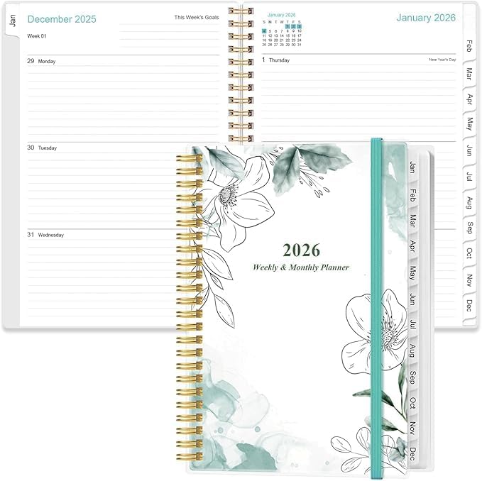 2026 Pocket Planner/Calendar - 2026 Planner from January 2026 - December 2026, Planner 2026 with 12 Tabs, Twin-Wire Binding, Inner Pocket, 3.75" x 6.75, Teal Flowers