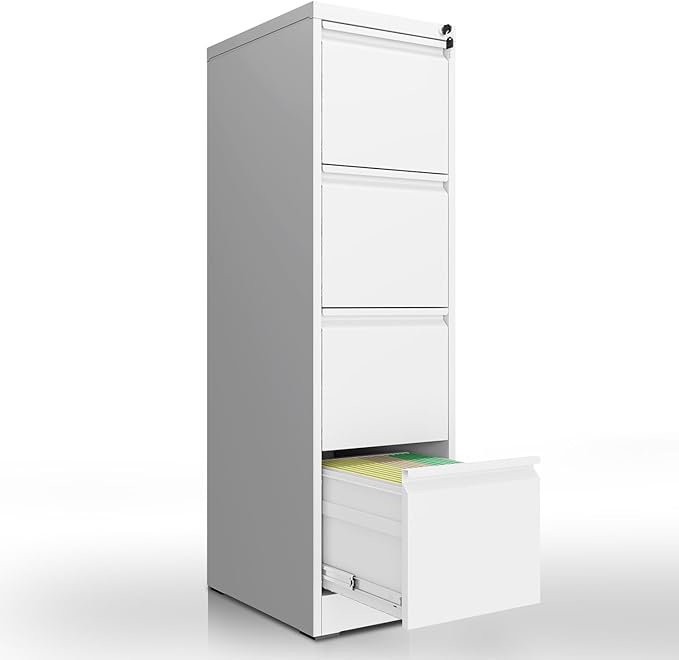 Yukimo 4 Drawer File Cabinet with Lock, Vertical File Cabinet with Lock, Locking File Cabinet Hanging Files for A4/ Legal/Letter, Require Assembly, White