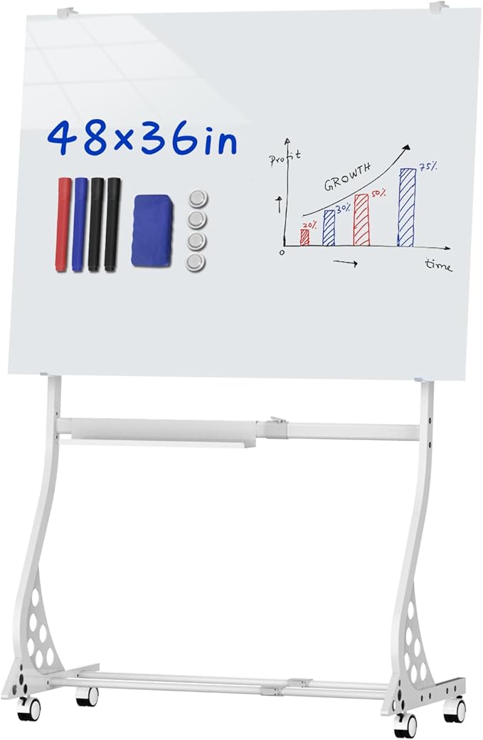 Mobile Glass Whiteboard, 48 x 36 inch Glass Board/w Height Adjustable, Large Portable Dry Erase Board with Stand and Wheels for Home, Office,Classroom &School, White