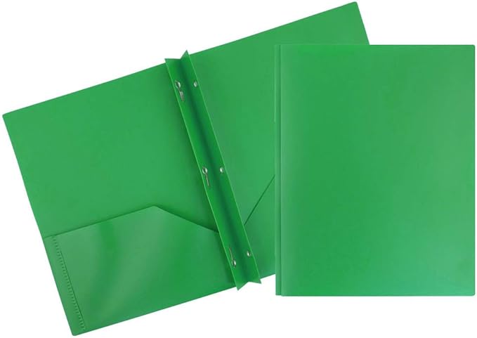 JAM PAPER Plastic Color POP Folders - 2 Pocket Durable Folders with Metal Prongs Fastener Clasps - Green - Bulk 96/Pack