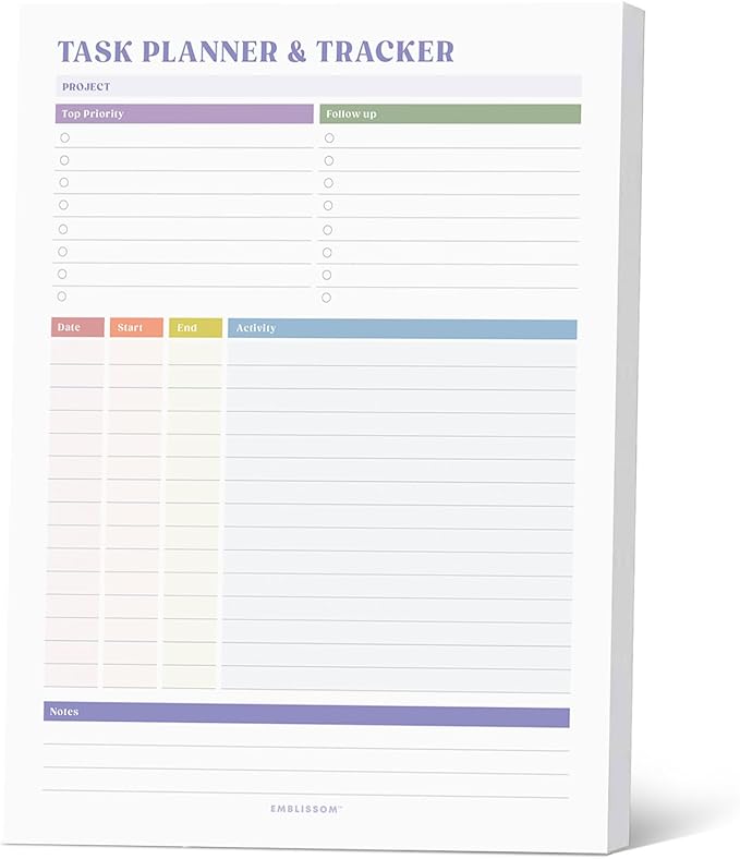 Task Planner & Tracker 8.5 x 11 Tear-Off 70 Sheet Planner Pad – Project Organizer with Time Log, Top Priority, Follow-Up – Notepad for Home & Office (White, Colorful, 1 Pack)