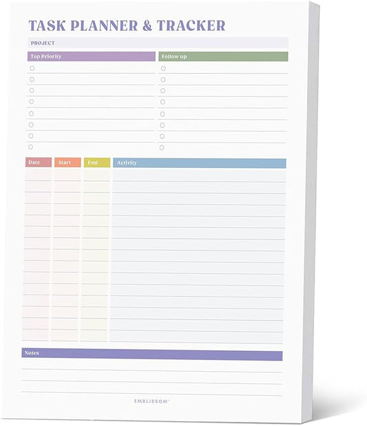 Task Planner & Tracker 8.5 x 11 Tear-Off 70 Sheet Planner Pad – Project Organizer with Time Log, Top Priority, Follow-Up – Notepad for Home & Office (White, Colorful, 1 Pack)