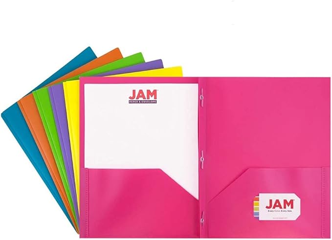 JAM PAPER Plastic Color POP Folders - 2 Pocket Durable Folders with Metal Prongs Fastener Clasps - Assorted Fashion Colors - 6/Pack