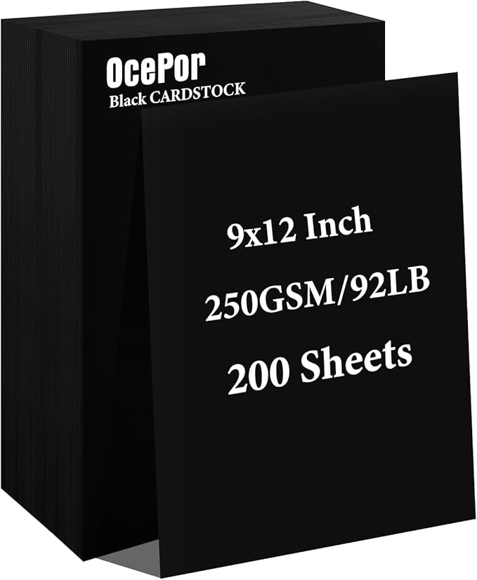 OcePor 200 Sheets Black Cardstock 9” x 12”, 92lb/250gsm Black Card Stock, Thick Card Stock Paper, Heavy Cardstock Paper for Printer, Resume, Scrapbooks, Art, Crafts, Business Cards