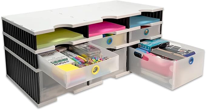 Desktop Organizer 6 Letter Tray Sorter Plus Riser Base, 3 Supply & 3 Storage Drawers - Ultimate Office TierDrop Plus Stores All of Your Documents and Supplies in One Compact Modular System