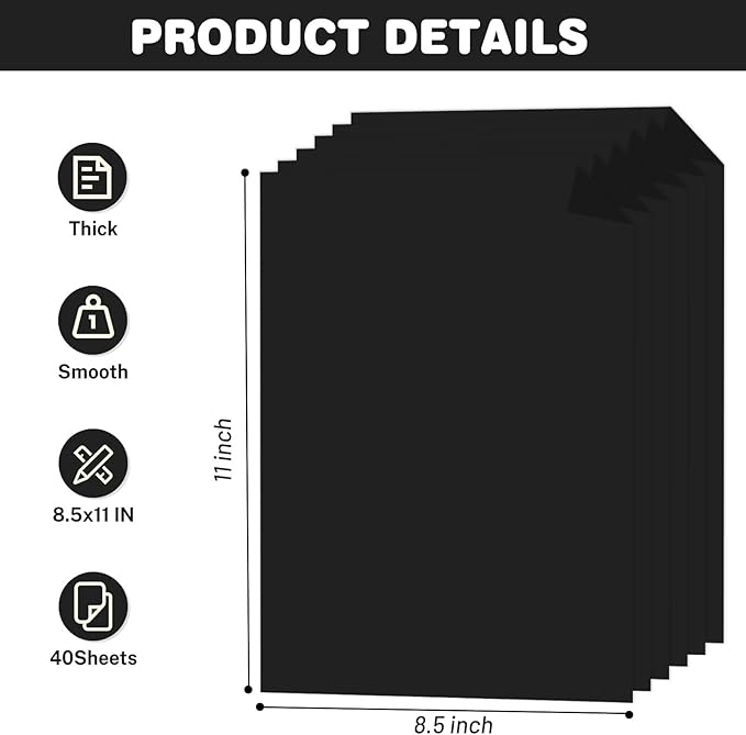 Cardstock 8.5 X 11, 40 Sheets Black Card Stock, 75lb/ 200gsm Copy Paper, Cardstock Printer Paper For Art, Drawing, Invitations, DIY Cards, Watercolor, Craft, Construction, School & Office Supplies