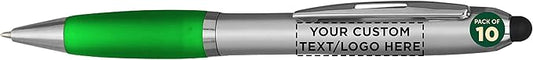 DISCOUNT PROMOS Custom Stylus Ballpoint Pens Set of 10, Personalized Bulk Pack - Black Ink, Great for Office, School, Business, Tradeshows, Events - Green