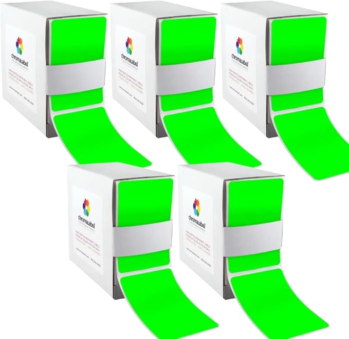 ChromaLabel 2 x 3 Inch Rectangle Labels for Storage Bins and Label Tape, 250 Adhesive Tags per Dispenser Box, Fluorescent Green Stickers - Case of 5