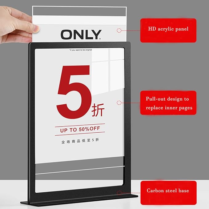 ECKEK Carbon Steel Sign Holder, Slanted Menu Displays, Table Top Sign Stand (L Shape Black A5 148×210mm/ 5.83×8.27 inches)