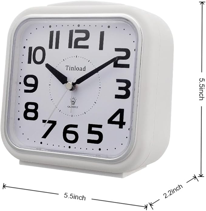 Tinload 5.5" Large Analog Alarm Clock Silent Non Ticking, Gentle Wake, Beep Sounds, Increasing Volume, Battery Operated Snooze and Manual Light, Easy Set,White (Best for Elder)