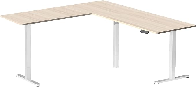 VIVO Electric Corner 75 x 63 inch L-Shaped Standing Desk, Memory Height Adjustment, Light Wood Top White Frame, DESK-E3CTC-75