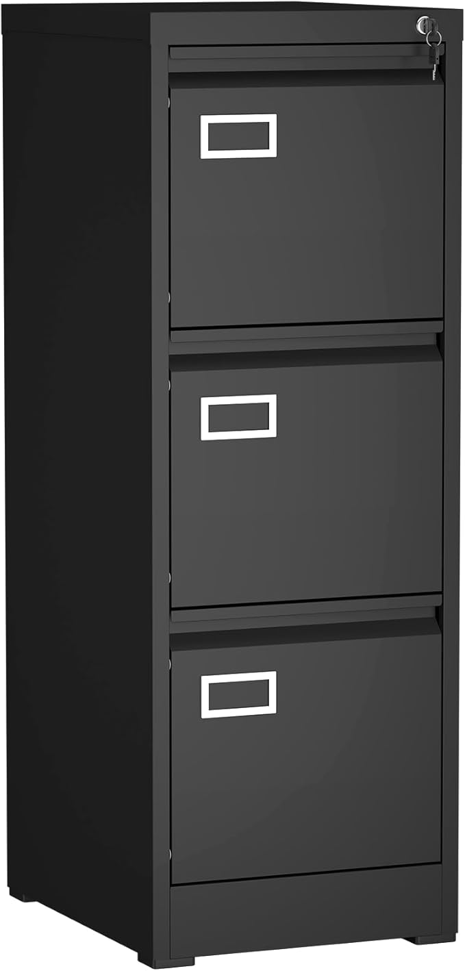 Lockable Vertical Metal File Cabinet 3 Drawer, Steel Filing Cabinet for Home Office Organization, High Capacity Storage for Letter/Legal/A4 Size, Black Office Cabinet, 17.7" D x 14.6" W x 40.9" H