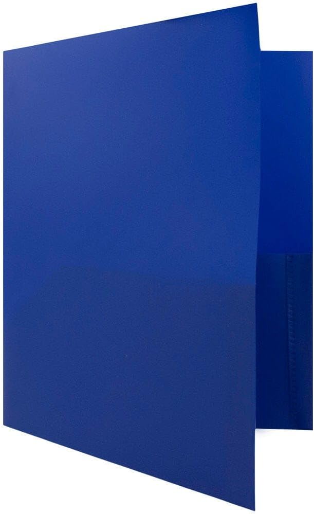 JAM PAPER Plastic 2 Pocket POP Folders - Durable School Folders with Metal Prongs Fastener Clasps - Dark Blue - Bulk 48/Pack