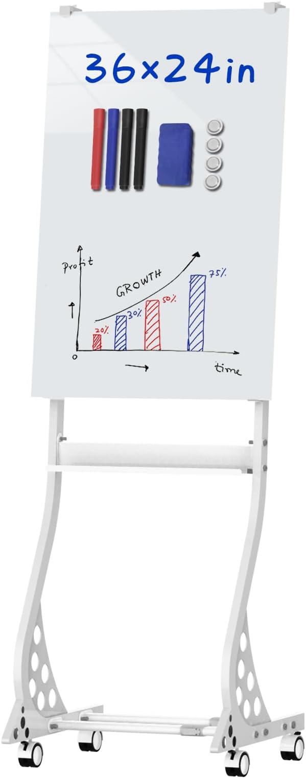 Mobile Glass Whiteboard, 24 x 36 inch Glass Board/w Height Adjustable, Large Portable Dry Erase Board with Stand and Wheels for Home, Office,Classroom &School, White