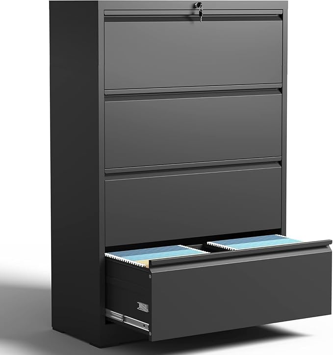 4 Drawer Lateral File Cabinet with Lock, Metal File Cabinets for Home Office, Office Furniture for Organization Hanging Legal/Letter/A4, Metal Filing Cabinet Storage Cabinet, Require Assembly, Black
