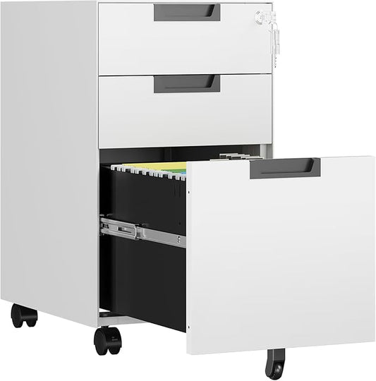 AFAIF 3 Drawer File Cabinet with Lock, Fully Assembled Metal Mobile Filing Cabinets for Home Office, Small Rolling File Caninet on Wheels for Legal/Letter / A4 File, White
