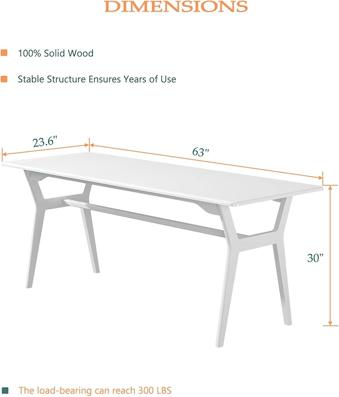 OSCHF Solid Wood Study Desk - 63" Double Long Computer Table for Home Office, 2-Person PC Workstation, White