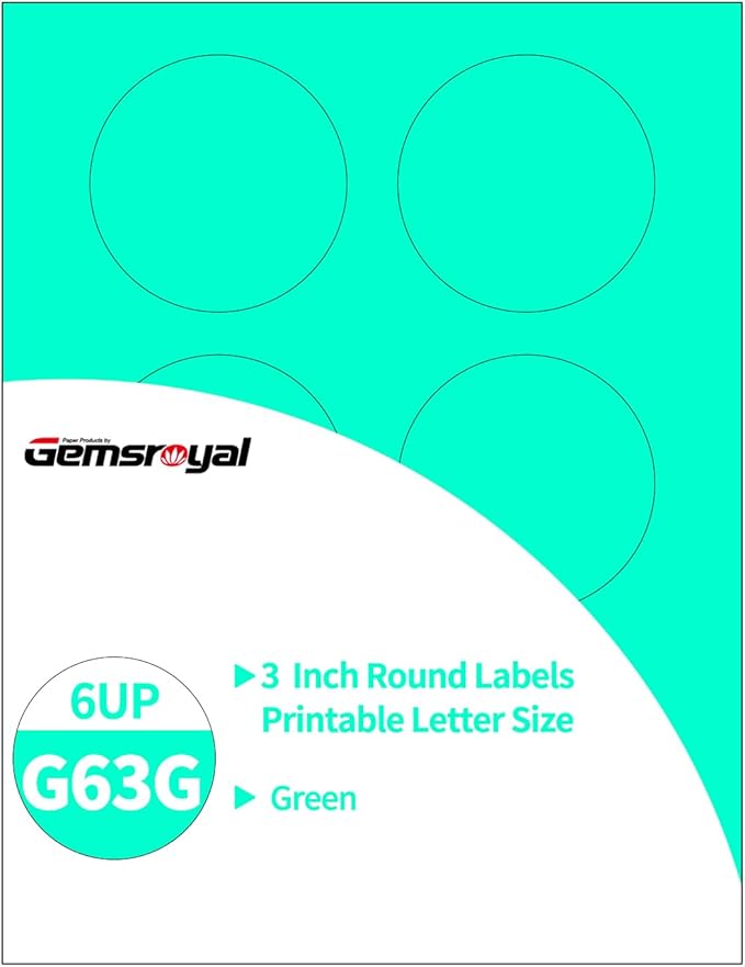 Gemsroyal 3 Inch Green Round Labels Printable,3" Green Color Coding Labels for Laser/Inkjet Printers,Colorful Round Stickers,180 Neon Circle Labels in Total,Letter Size