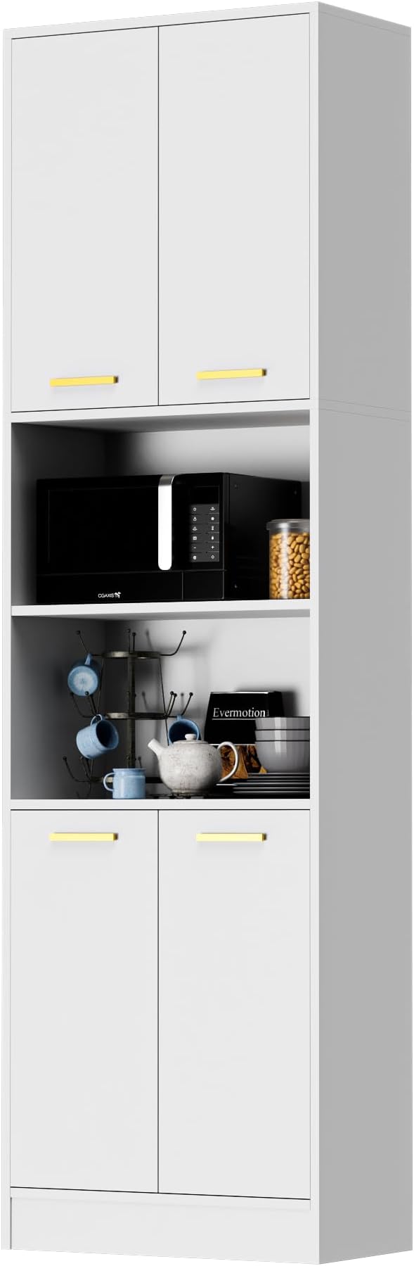 Cozy Castle Kitchen Pantry Cabinet, 75" Tall Wood Storage Cabinet with Doors and Shelves, 4 Doors Open Countertop Utility Hutch Cupboard for Dining Room Living Room Bathroom Furniture, White