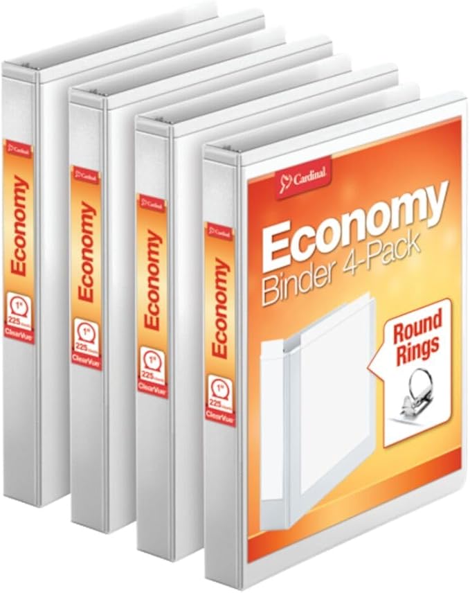 Cardinal Economy 3 Ring Binder, 1 Inch, Presentation View, White, Holds 225 Sheets, Nonstick, PVC Free, 4 Pack of Binders (79510)