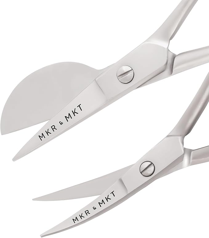 MAKER AND MARKET Small Embroidery 4.5 Inch Scissors Set of 2 Kit - Mini Double Bend Offset Duckbill and Double Bend Long Applique Needlepoint Blade with Pouch Sleeve (Satin)