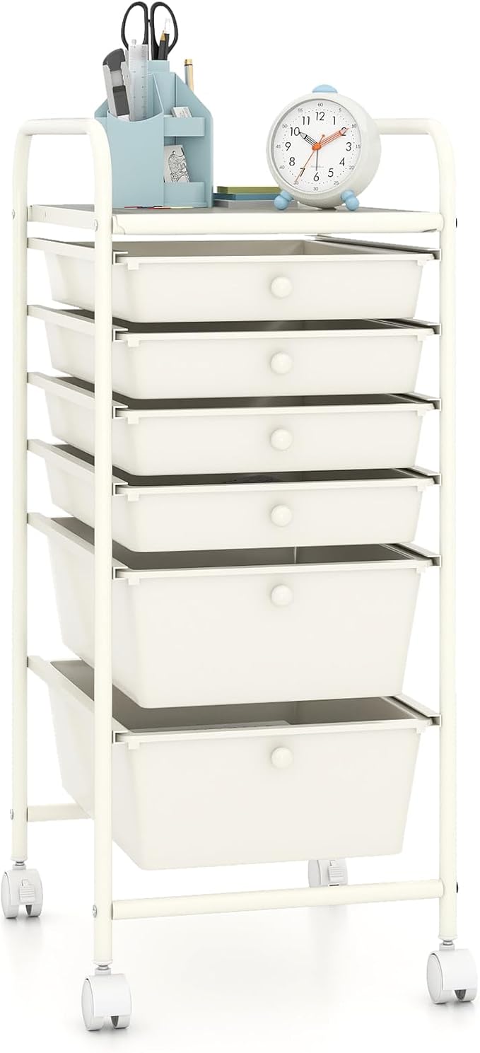 Giantex 6 Storage Drawer Cart Rolling Organizer Cart for Tools Scrapbook Paper Home Office School Multipurpose Mobile Utility Cart (Ivory)