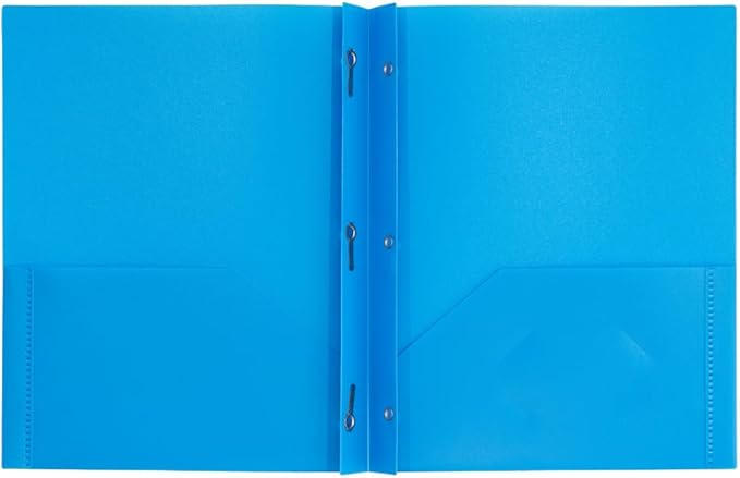 JAM PAPER Plastic Color POP Folders - 2 Pocket Durable Folders with Metal Prongs Fastener Clasps - Blue - 6/Pack