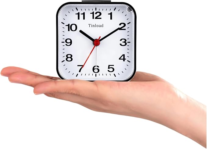 Tinload Small Battery Analog Alarm Clock Silent Non Ticking, Ascending Beep Sounds, Snooze,Light Functions (Black-B)
