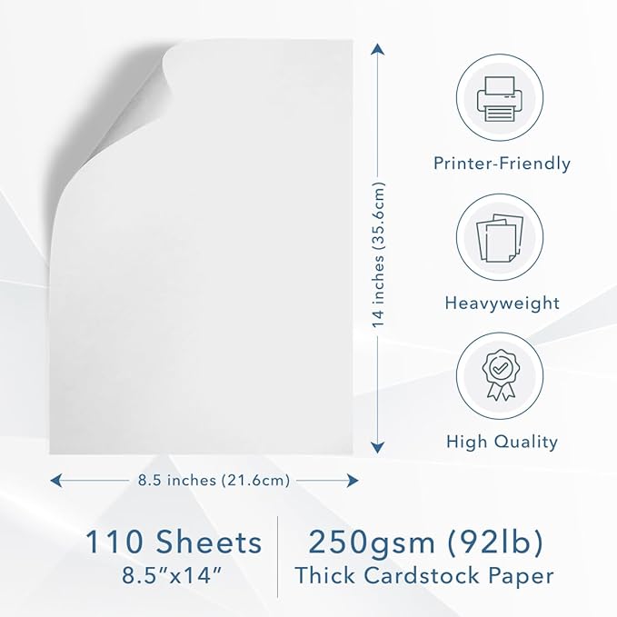 MOS White Legal Cardstock Paper 8.5 x 14 Inch (110 Sheets) — Heavyweight 250 GSM Cover Stock for Certificates, Menus, Legal Documents, Crafts, Printer Compatible