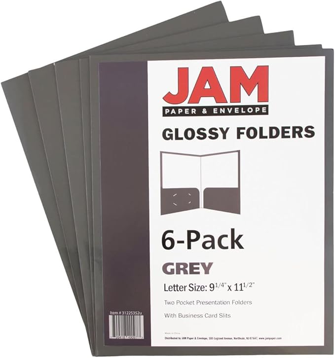 JAM PAPER Laminated Two Pocket Glossy School Folders - Letter Size - High Gloss Grey - 6/Pack