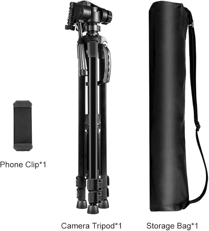 PULUZ Camera Tripod, 55"/139cm Lightweight Portable Travel Outdoor DSLR Tripods for Camera Phone Video Recording Tripod Stand, Cellphone Clip for Smartphone Live Streaming Vlog