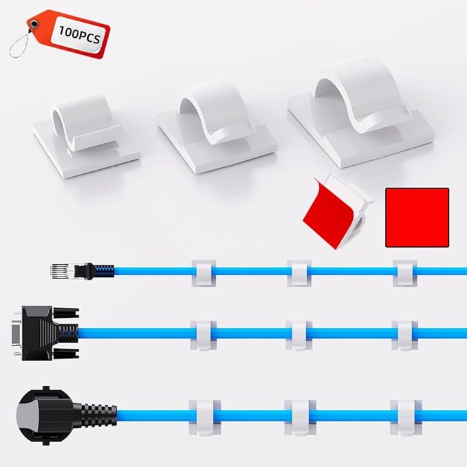 ITUGOU 100 PCS White Adhesive Cable Clips Cord Organizer (Small, Medium,Large),Wire Holder for Cable Management, Outdoor Light Clips Light Hooks for LED String,Car Dash Cam, Extension Cord (White)