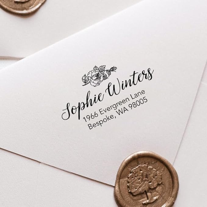Custom Floral Address Stamp | Choose from 12 Designs | Multiple Ink Color Options | Envelope Return Address Stamp for Couple or Family (Design 6, Medium)