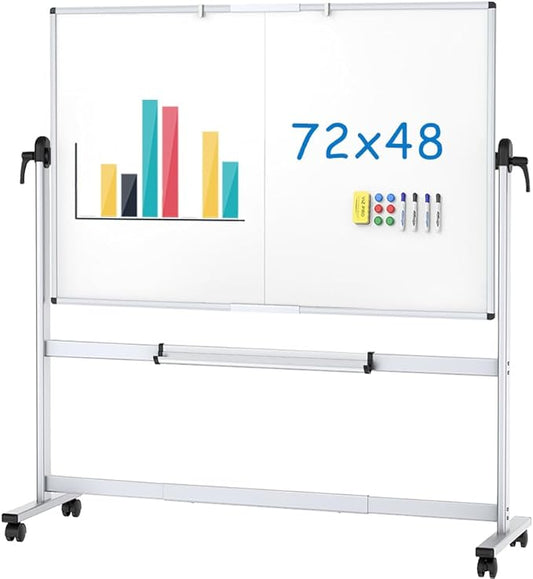 VIZ-PRO Double-Sided Mobile Whiteboard, 72 x 48 Inches, Magnetic Rolling Dry Erase White Board on Wheels with Aluminium Frame and Stand 6' x 4'